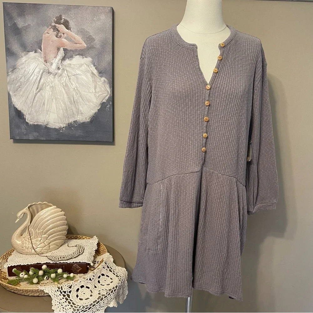 Free People Beach Dusty Lavender Blossom Cotton Ribbed Knit Dress Oversized NWT